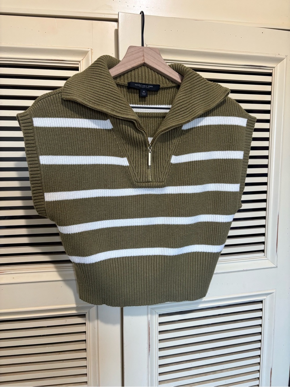 Marc New York Olive Green and White Striped Zip-Neck Sweater Vest
